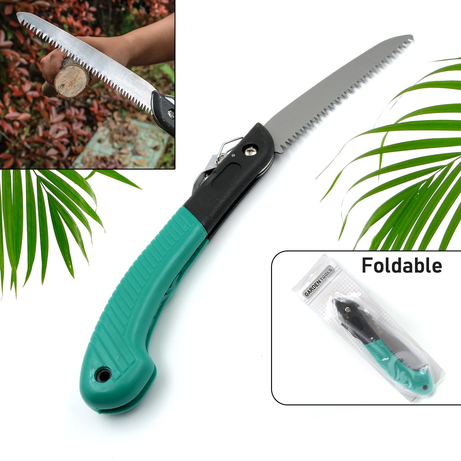 Folding handsaw for pruning, suitable for tree trimming, gardening, and cutting wood. Folding handsaw for pruning, suitable for tree trimming, gardening, and cutting wood.